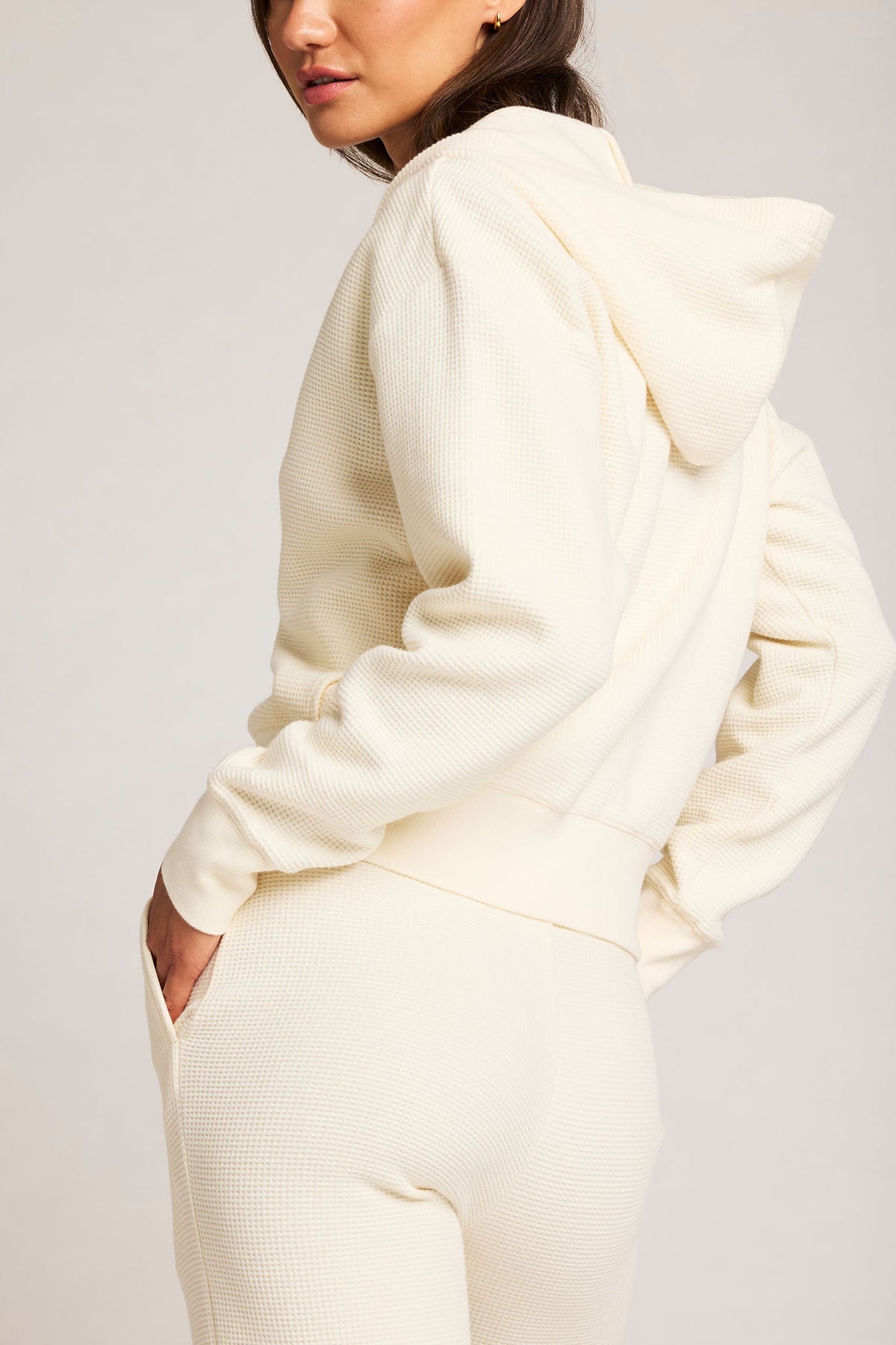 Waffle Knit Zip-Up Hoodie in Cream