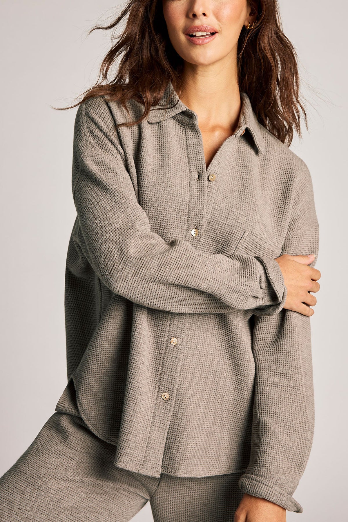 Waffle Knit Shirt Jacket in Mink